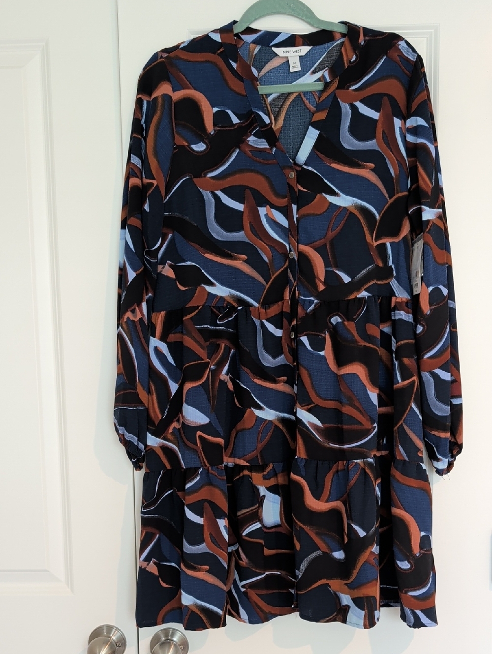 Nine West Black, Brown & Blue Abstract Tiered Long-Sleeve Dress